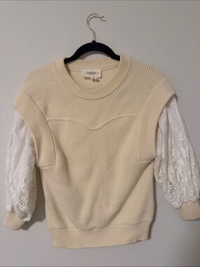 ba&sh Cream Knit Sweater with Lace Puff Sleeves